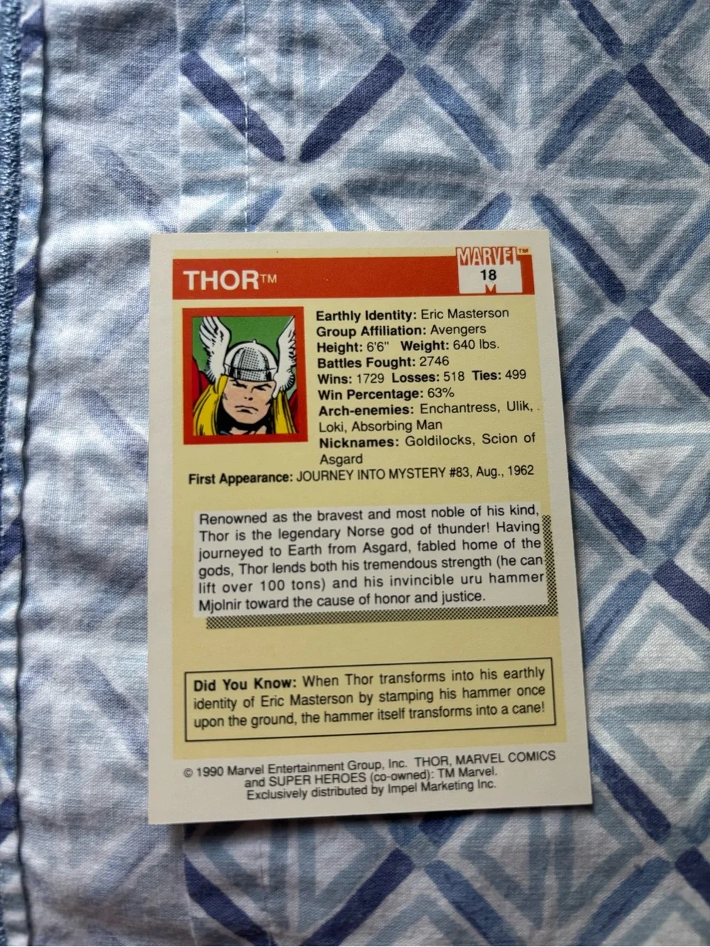 1990 Impel Marvel Universe Thor #19 Trading Card. Marvel Comics